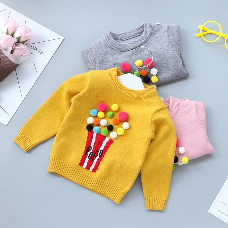 Весенний свитер для маленьких девочек осенне-зимние детские вязаные свитера с рисунком «попкорн» для девочек, вязаный свитер, пуловер желтого, серого, розового цвета