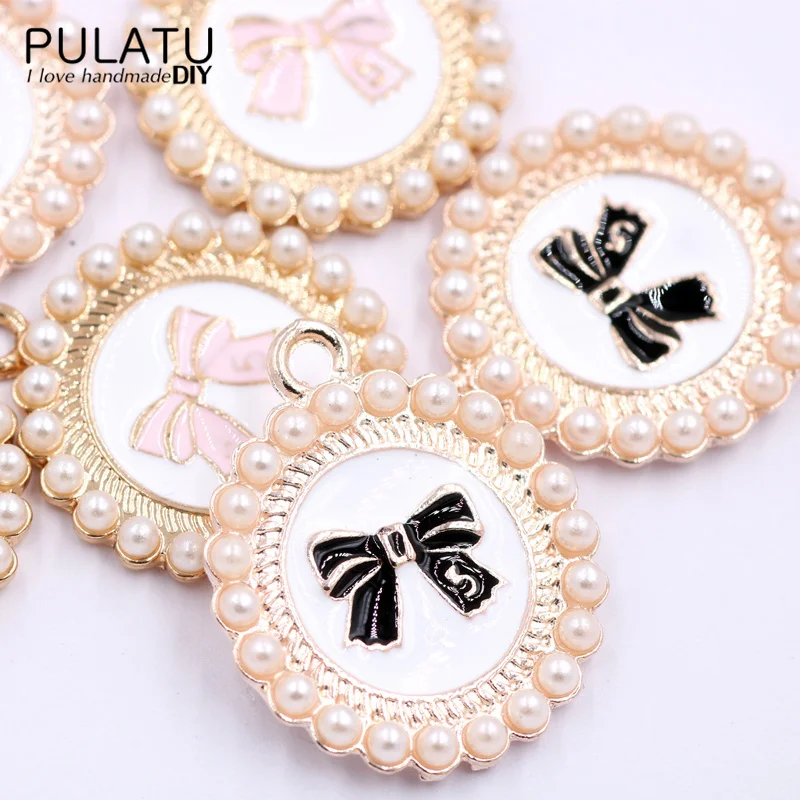 

5 pcs/lot Enamel Round Pearl Bow Pendant Ally Materials DIY Jewelry Making Charms Earrings Bracelet Necklace Accessories