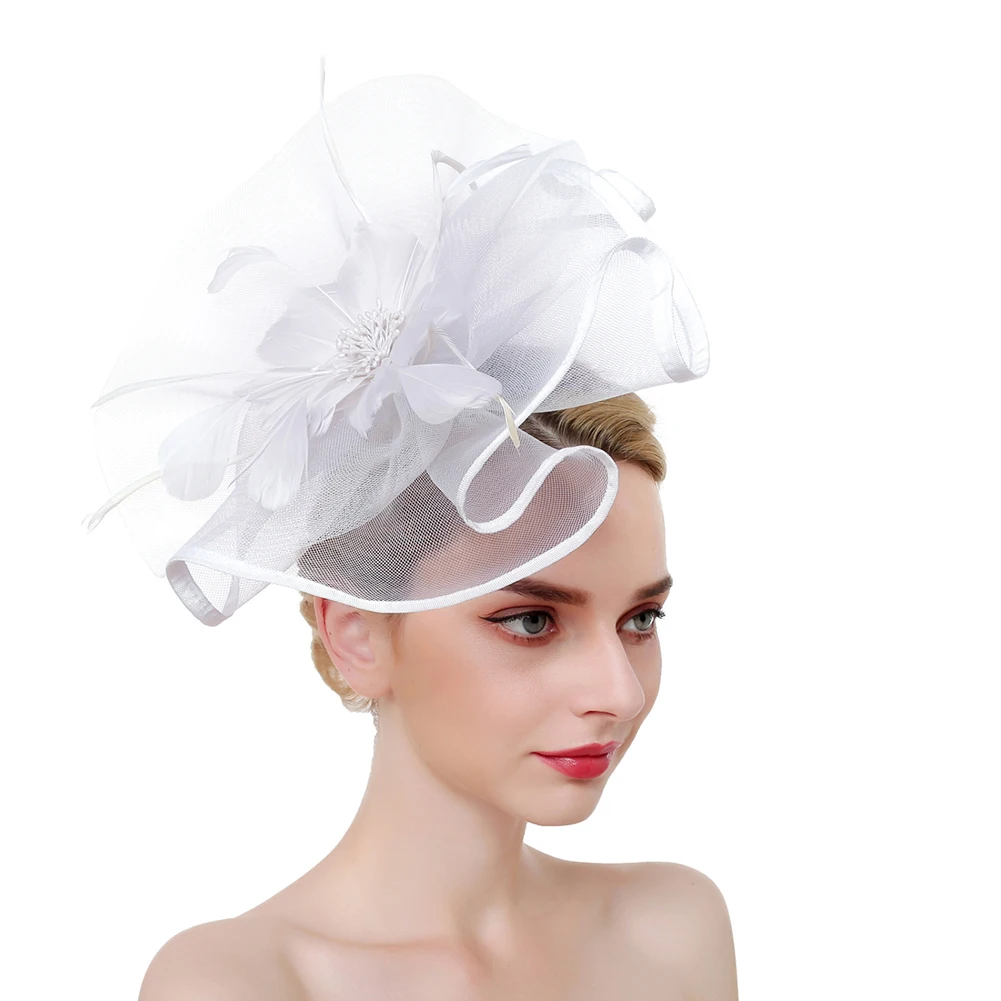 Прямая поставка, женская шапка, головная повязка с перьями, сетчатая лента для волос, головной убор с зажимом для волос, лента для волос, шляпа для свадебной вечеринки - Цвет: white