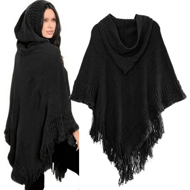 Women Cloak Hooded Sweaters Knit Batwing Top Poncho With Hood Cape Coat  Tassel Sweater Outwear Leasure Style Clothes