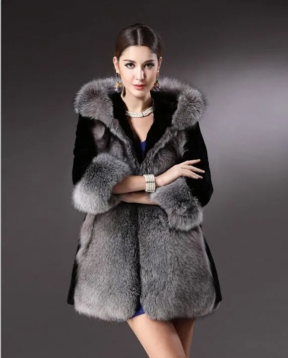 Высококачественная Роскошная зимняя теплая женская шуба из искусственного лисьего меха с меховым капюшоном, длинная куртка из искусственного меха, Женская парка, жилет fourrure femme - Цвет: Silver foc color