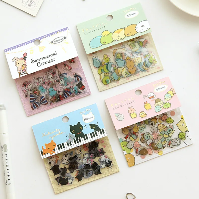 

80PCS/Bag Cartoon Rabbit Cat Circus PVC Decorative Sticker Scrapbook Diary Planner Notebook Decor Label School Supplies for Kids
