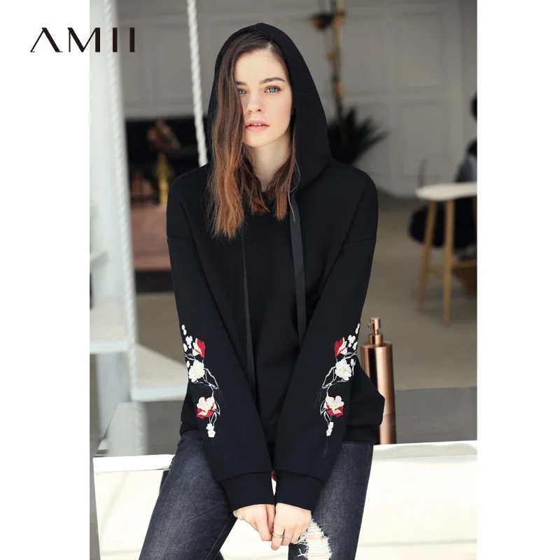

Amii Causal Women Hooded Embroidery Sweatshirts Autumn Winter 2019 Vintage Solid Long Sleeve Oversize Female Pullover Tops