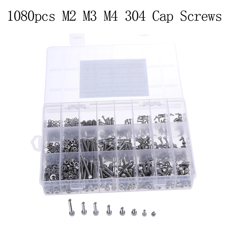 

1080pcs M2 M3 M4 304 Stainless Steel Hex Socket Head Cap Screws Nut Kit Set