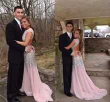 Crystal Prom font b Dresses b font 2017 Pink Scoop Mermaid Long OPen Back Elegant Beaded