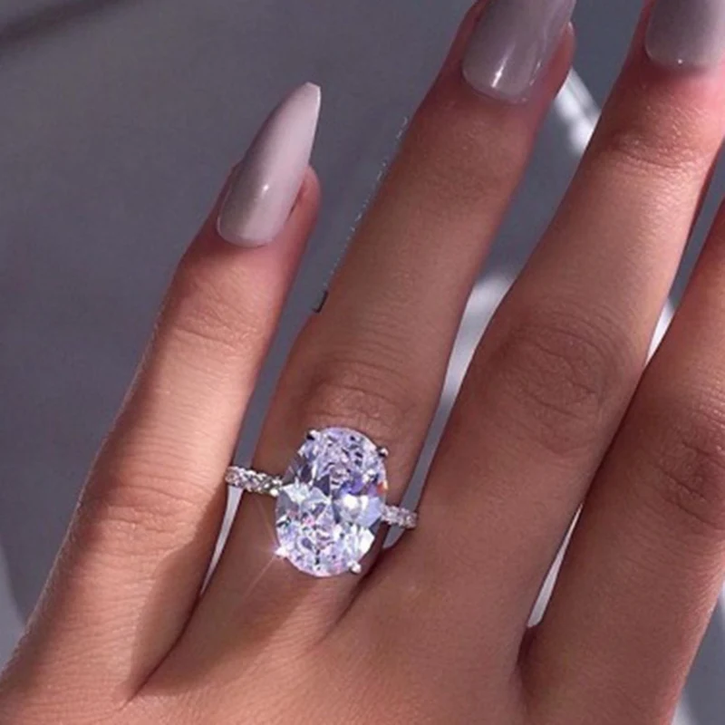 

Fashion Luxury White Silver Zircon Ring Lady Elegant Big AAA Zircon Oval Rhinestone Wedding Bridal Ring Jewelry 2019