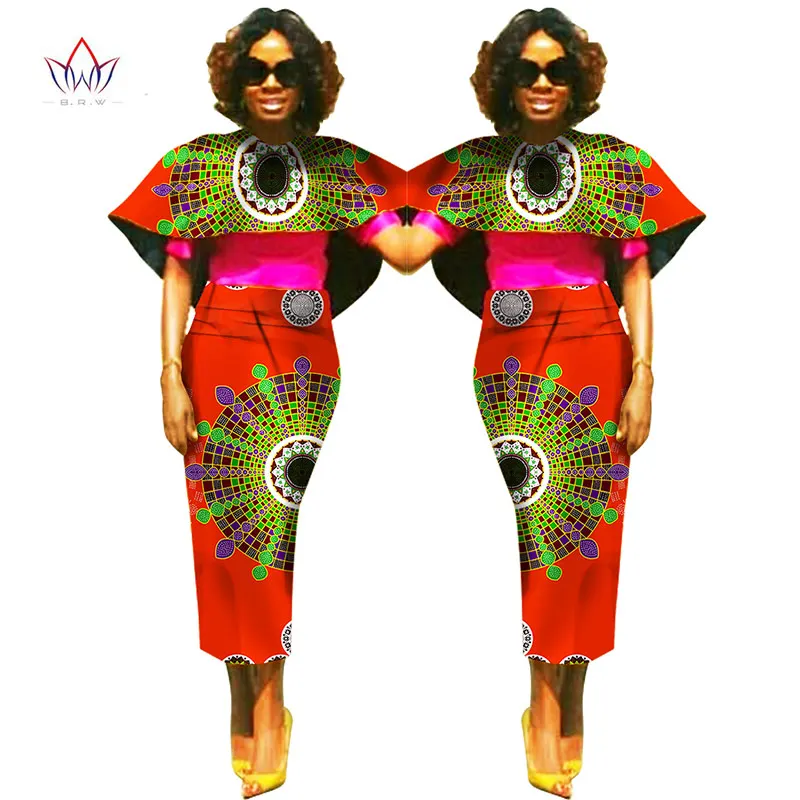

BRW Plus Size Africa Wax Print Dashiki Cloak Top Skirt for Women Bazin Riche Tradition African Cloth Evening Top Skirt Set WY802