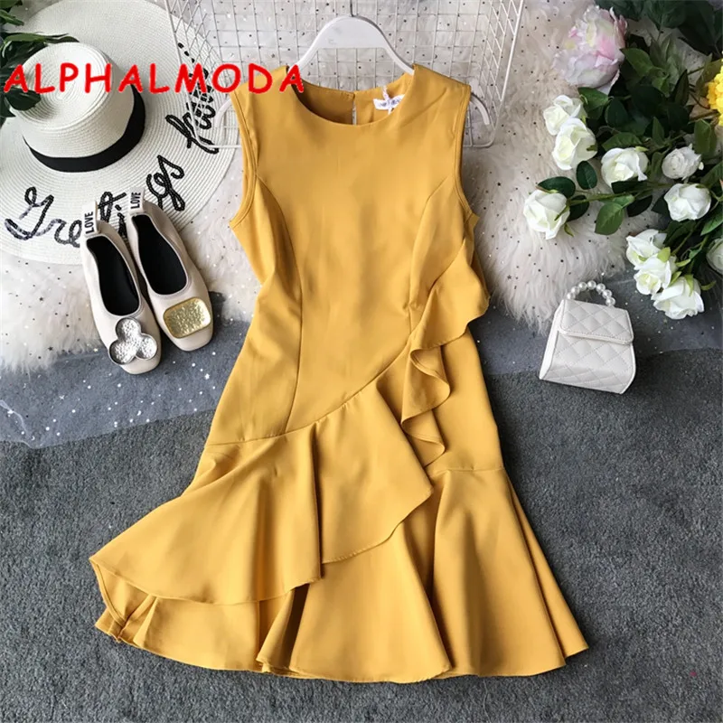 

ALPHALMODA Summer 2019 New Pure Color Ruffled Tank Dress Slimming Fit Sleeveless Elegant Party Ruffled Solid Vestidos