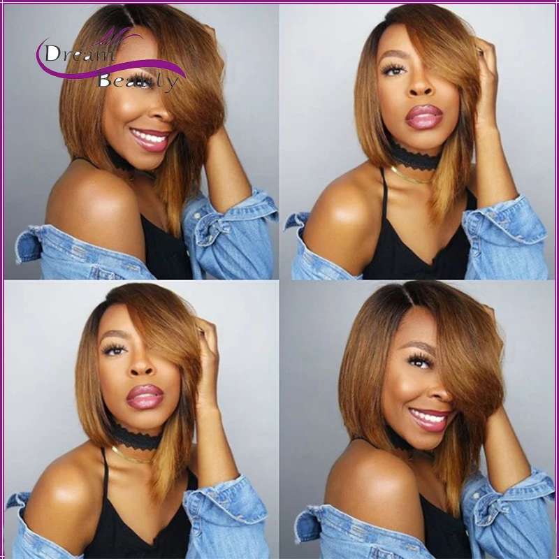 

Full Lace Human Hair Wigs with bangs side part Ombre brown Human hair Bob wigs short wigs Lace Front Human Hair Wigs two tone