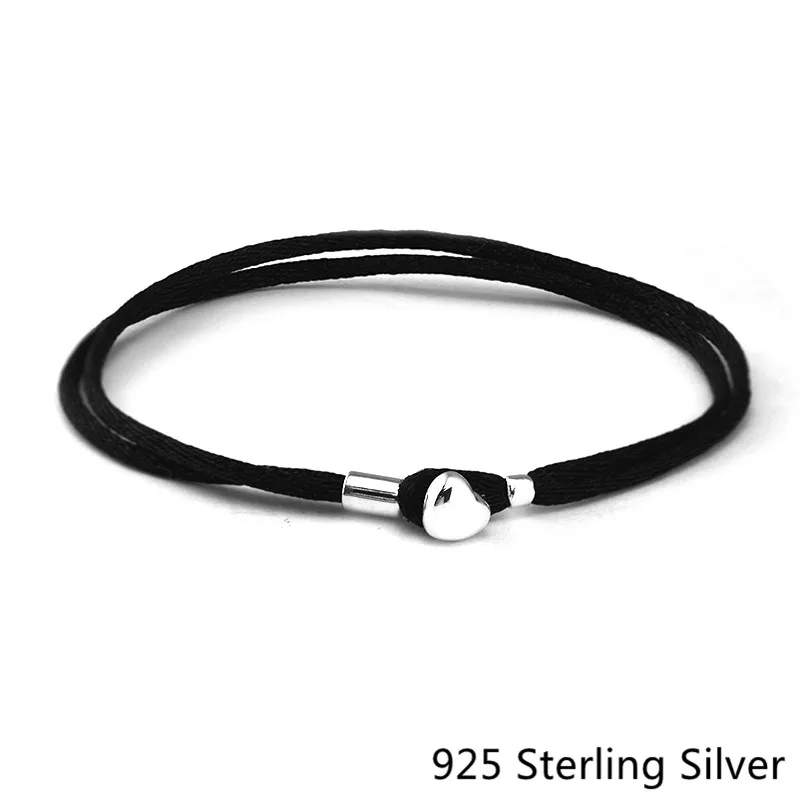 Authentic 925 Silver Heart Black Fabric Cord Bracelet Charm For DIY