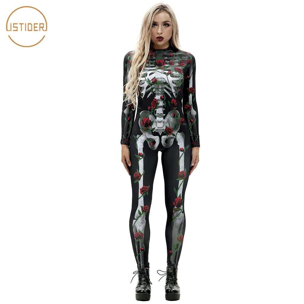 ISTider Halloween Jumpsuits for Women 2018 3D Roses Skeleton Printed