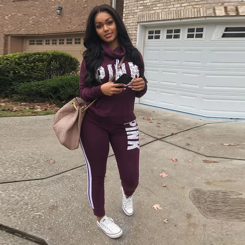 Women Word Letter Print Cowl Fashion Neck Sweatshirt Long Pant Jumpsuits 2 Piece Outfits Pink Letter Tracksuits Autumn Set Black Women's Sets