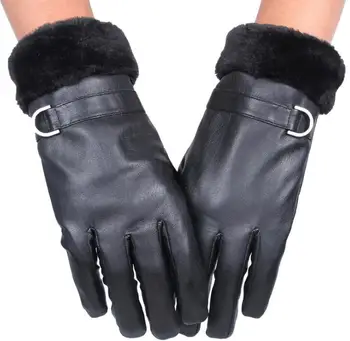 

Autumn winter Men's PU leather thicken warm fleece lining glove female leather touch screen skiing driving glove R417