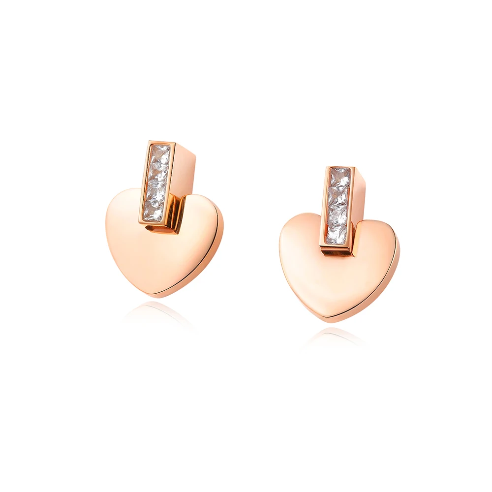 

AENINE Rose Gold Color Cubic Zirconia Women Wedding Stud Earrings Jewelry Stainless Steel Cute Never Fade Heart Earrings OGE479