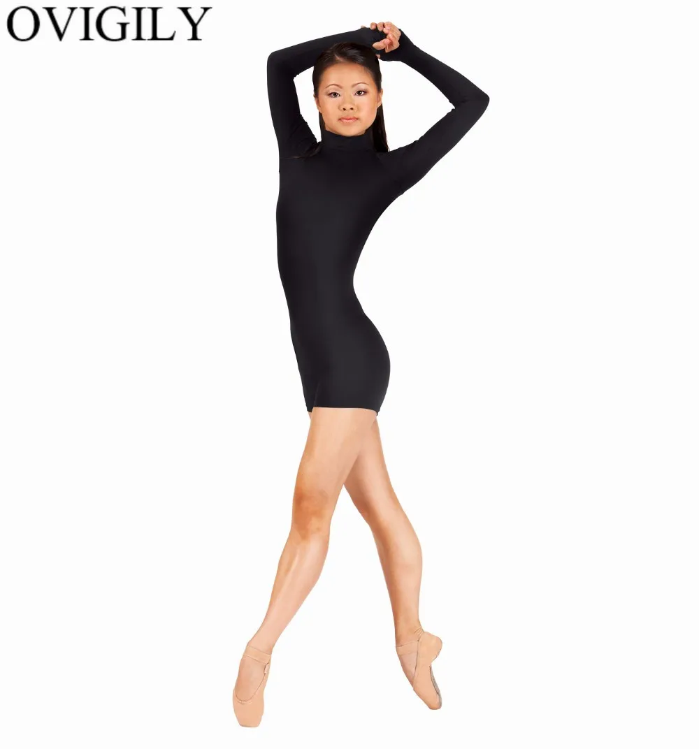 OVIGILY Adults Long Sleeve Mock Neck Shorty Unitard with Thumbholes Womens Black Gymnastics Unitards Dancewear Biketards Rompers