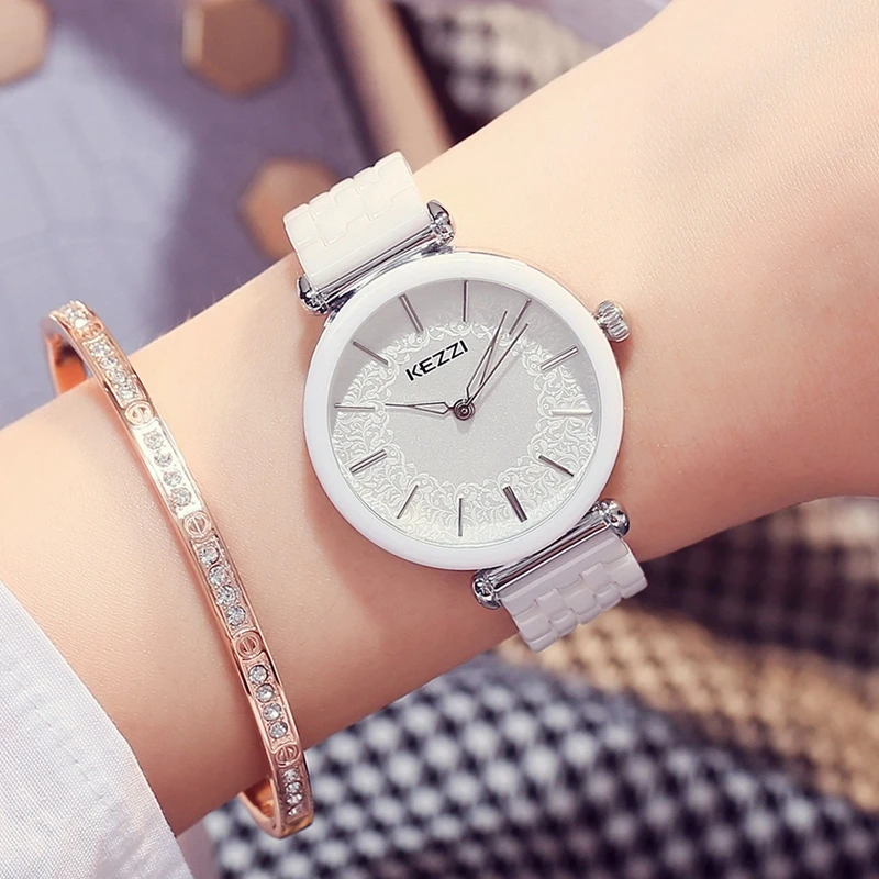 Kezzi Top Brand Woman watches Fashion Ladies Crystal Clock White Ceramics Gold Luxury Women Top Quality Quartz Watch K1439