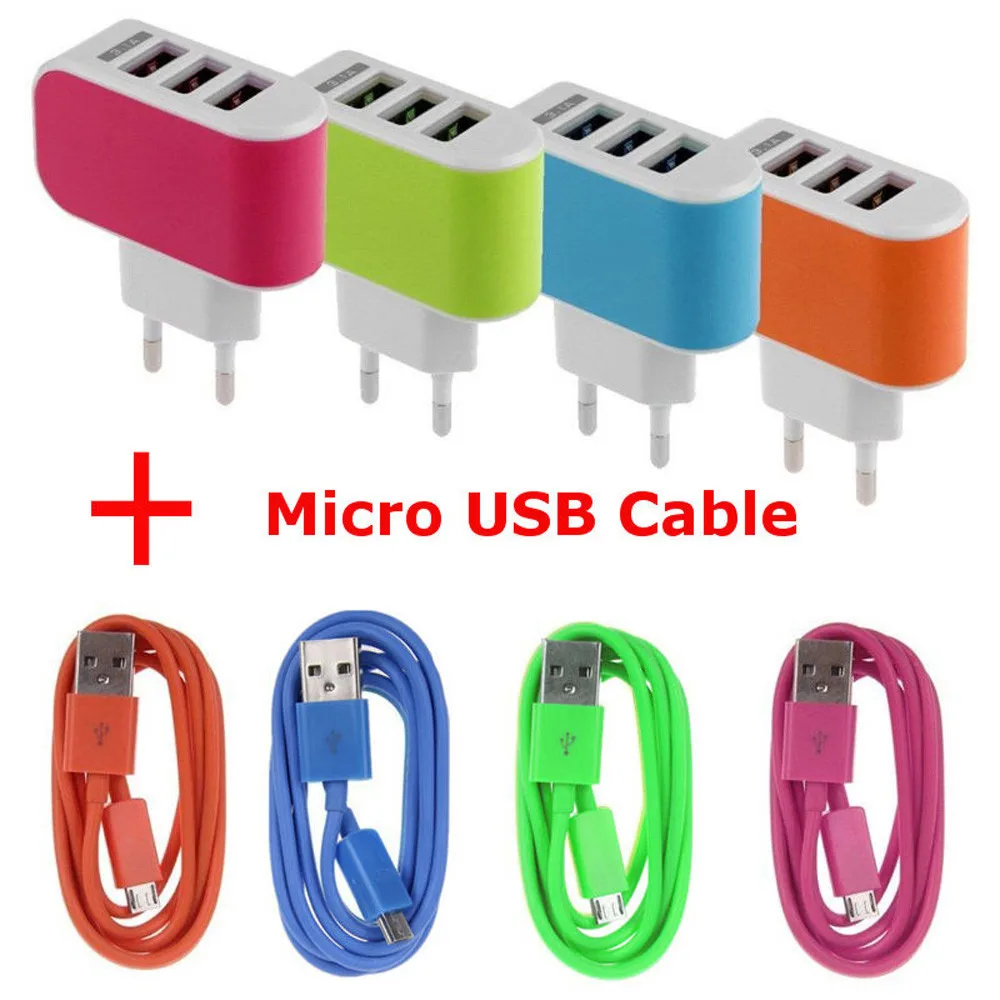 

Travel Charger LED Plastic Universal 3.1A Triple USB 2.0 Port Wall Home Travel AC Charger Adapter EU + Micro USB Cable
