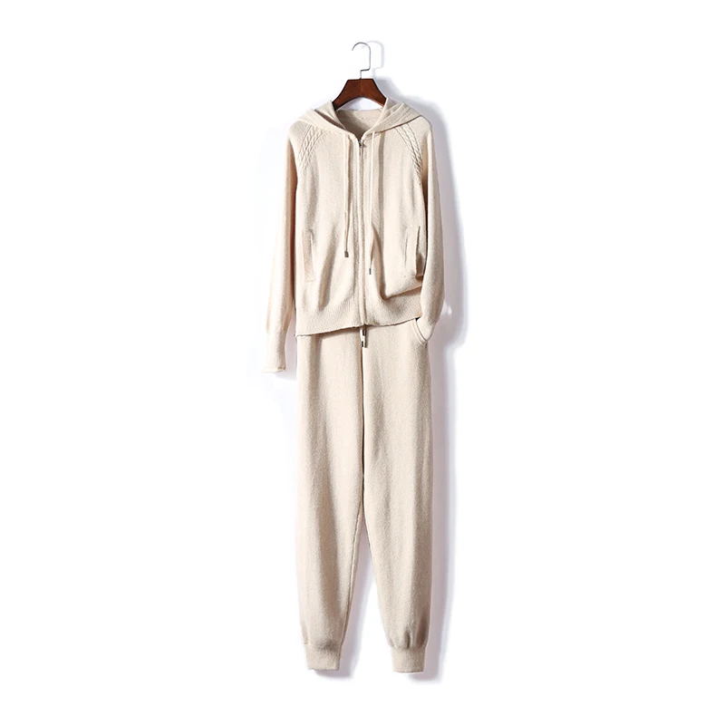 

2018 Time-limited Wool Full Winter New Cashmere Two-piece Women's Casual Hooded Sweater Knit Trousers 2 Piece Suit Female