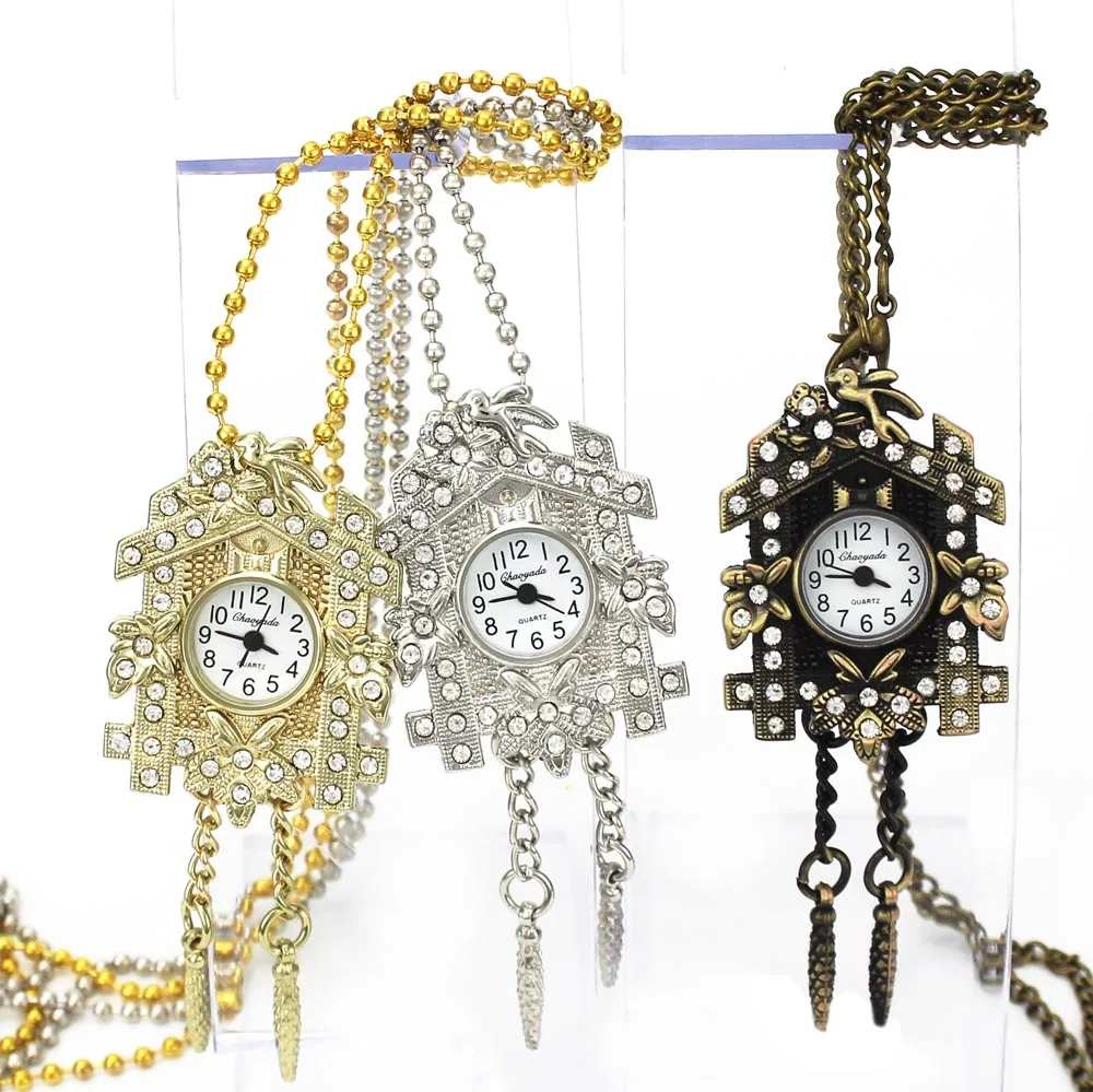 

NEW Fashion House Crystal Design Pendant Pocket Quartz Watch Chain Necklace Gift Watches