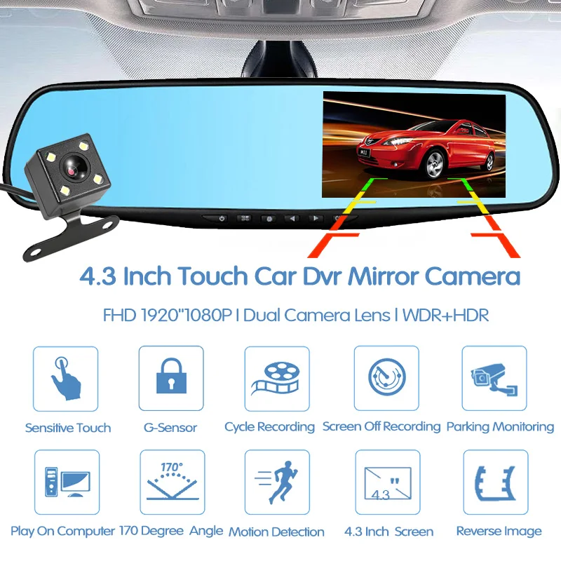  E-ACE Car Dvr Dash Cam 4.3 Inch Touch FHD 1080P Rearview Mirror Video Recorder Dual Lens Auto Regis