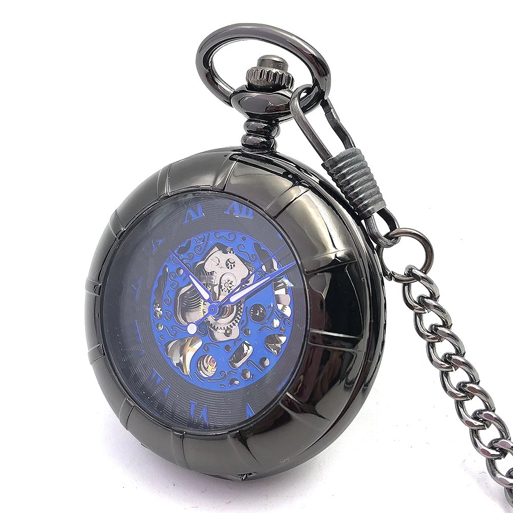 Синий циферблат посмотрите на дешевое черный корпус часы скелетные Механические карманные часы мужские винтажные часы ручной Ветер часы с