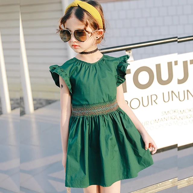 Casual baby Girls Dress flare Sleeve tutu dress vintage green color
