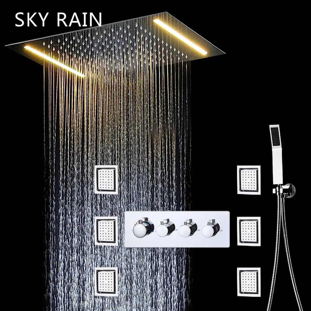 

SKY RAIN Hot And Cold Valve Rainfall Shower Set Ceiling Overhead Multi Color LED Shower With Body Jets