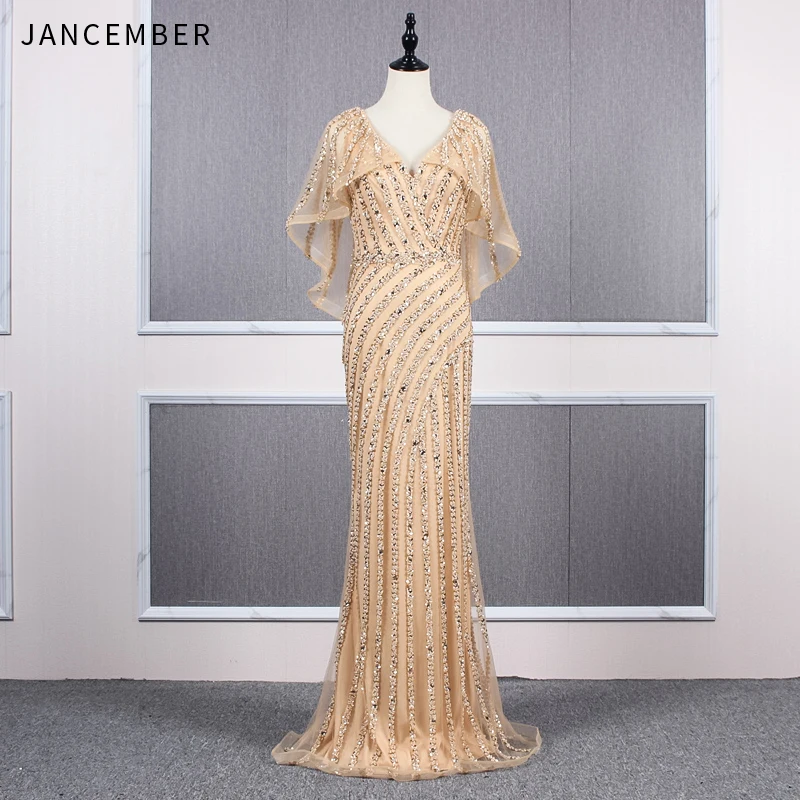 JANCEMBER vestido de noche fiesta Кристалл узор v-образным вырезом Иллюзия Русалка приталенный