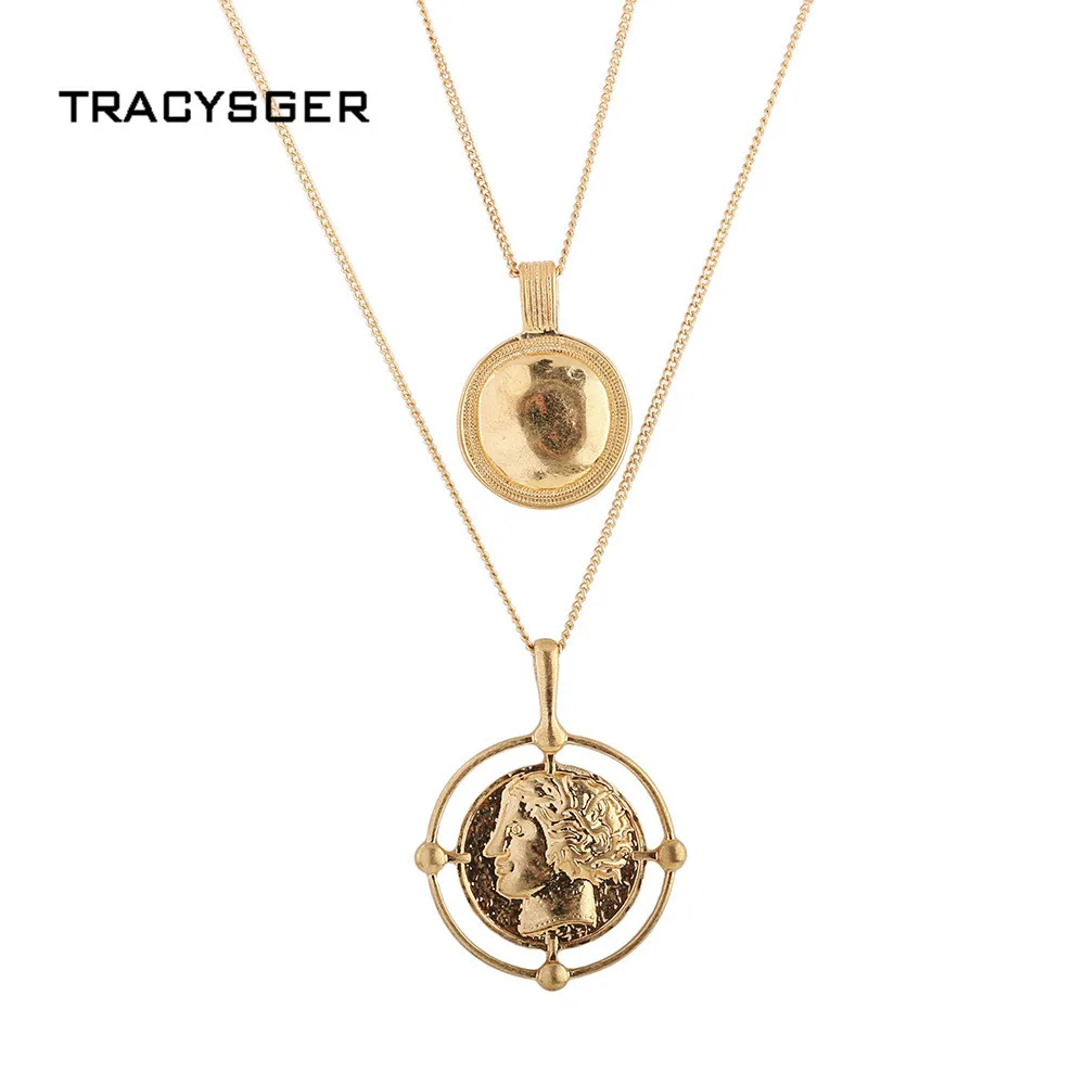 

AK-N84242 /TRACYSGER/ European and American fashion national female round retro figure pendant coin layer necklace
