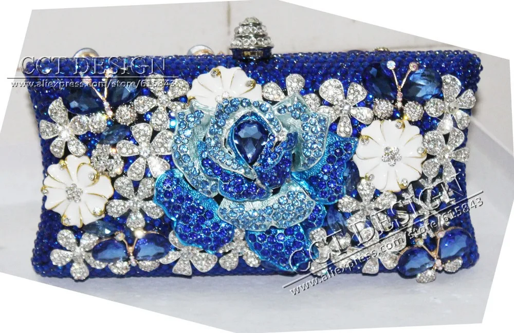 Blue rhinestone handbag peacock evening bags prom clutch fashion show