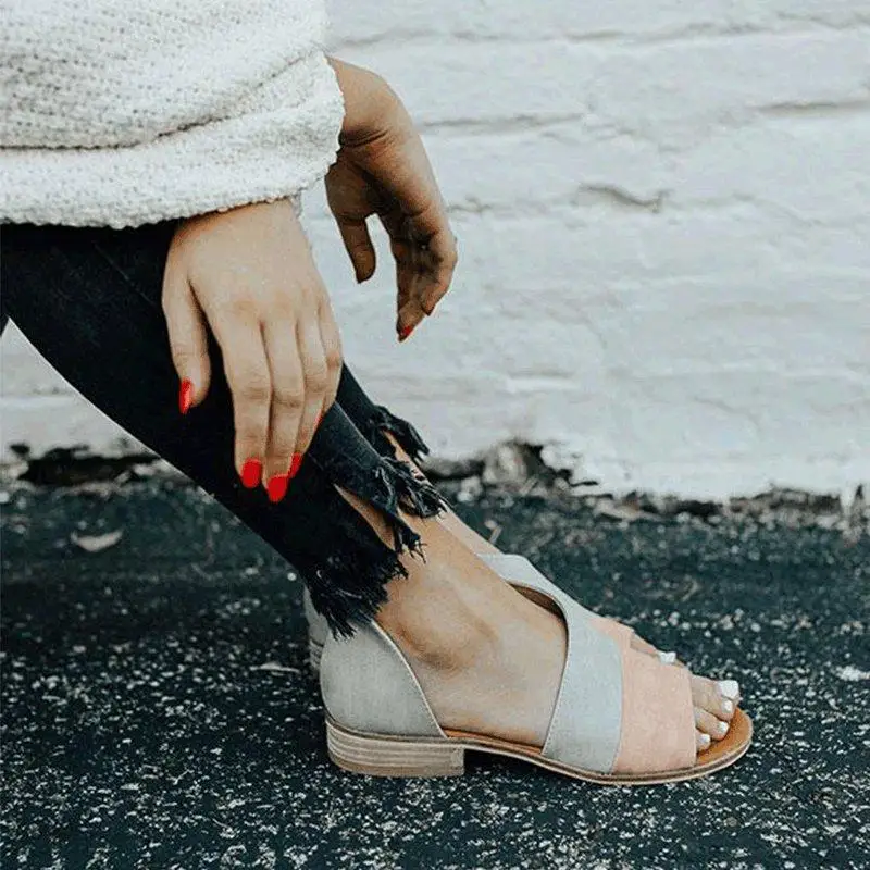 EOEODOIT женские летние сандалии с открытым носком на плоской подошве кожаные Лоскутные туфли большие размеры осенние слипоны удобные кожаные туфли - Цвет: Розовый