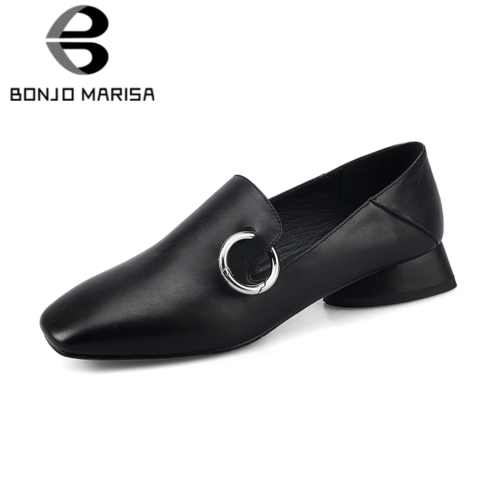 

BONJOMARISA 2020 Spring Brand New Office Lady Black Pumps Women Genuine Leather Low Heels Mules Ladies Shallow Shoes Woman 34-43
