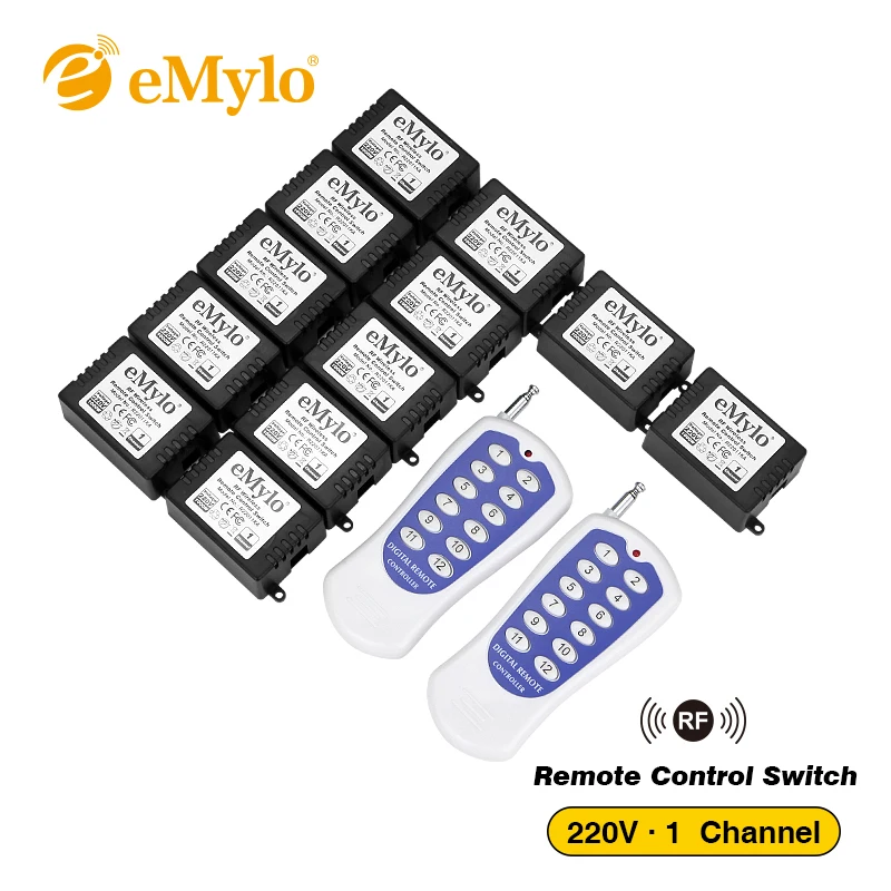 eMylo Smart Wireless Remote Control Light Switch AC220V 1000W White&Blue Transmitter 12X 1 Channel Relays 433Mhz Toggle Latched