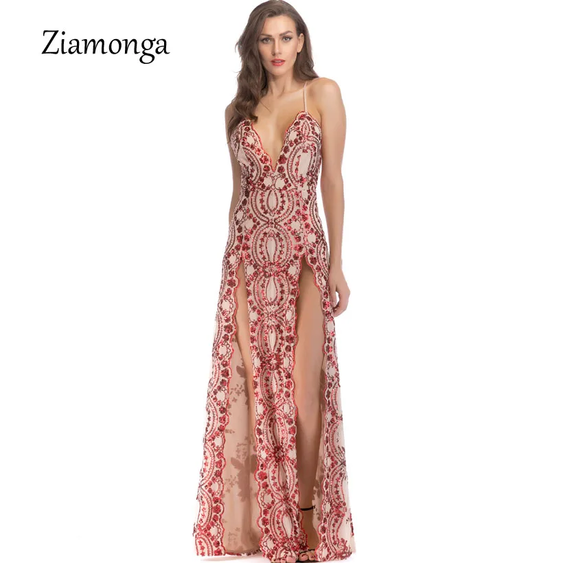 

Ziamonga Shining Party Sequin Dress Women Maxi Backless Sexy Dress Elegant V Neck Club 2019 High Split Long Evening Women Dress