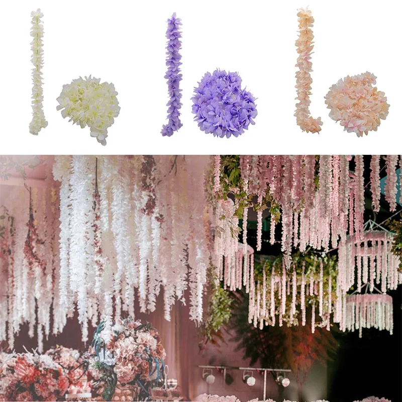 1M Artificial Silk Hydrangea Wisteria Flower String DIY Simulation Wedding Arch Square Rattan Wall Hanging Basket Wedding Decor