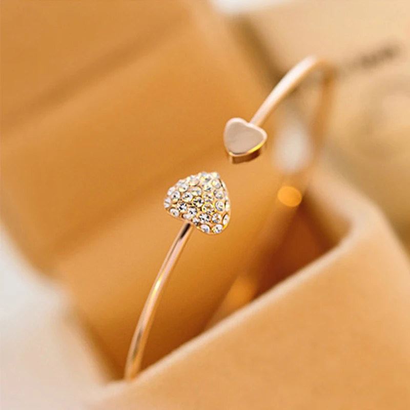 

2018 Hot New Fashion Adjustable Crystal Double Heart Bow Bilezik Cuff Opening Bracelet Women Jewelry Gift Mujer Pulseras