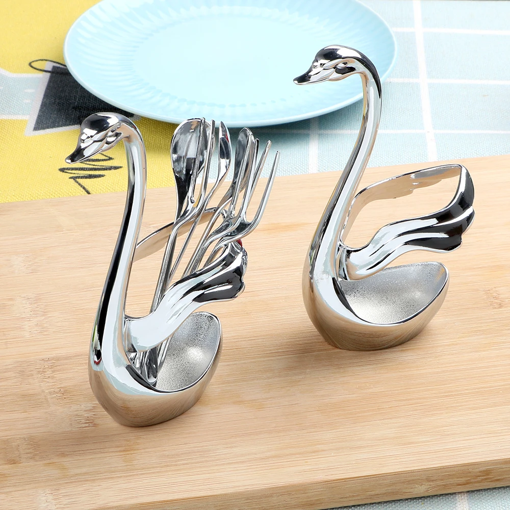 

Swan Base Holder Tableware with 3 Forks & 3 ladles Fruit Forks Set Zinc Alloy Salad Dessert Forks Spoon Coffee Cake Tools