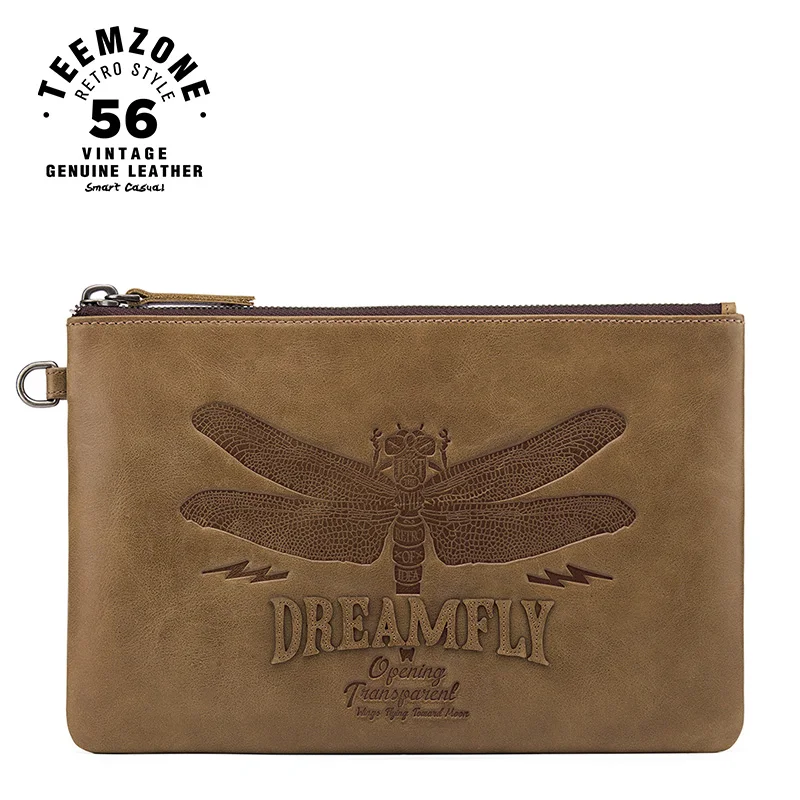 

teemzone Dragonfly Series Men Genuine Leather Fashion Business Male Clutch Wallets Men's iPad Handbags Unisex Clutch Bag S8007