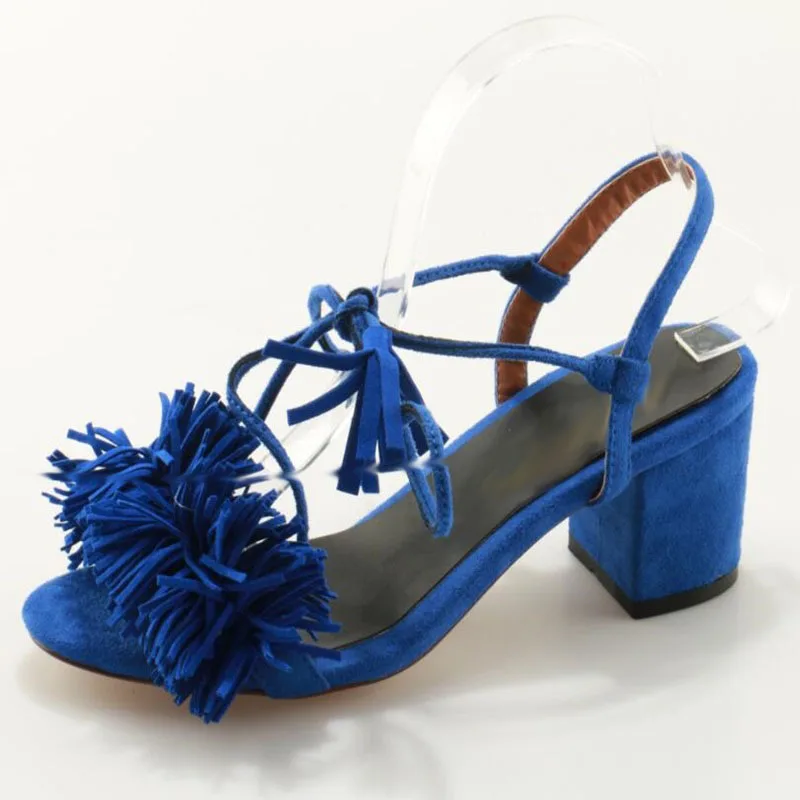

Blue Fringe Ankle Strap Square Heel Woman Sandals Fashionable Concise Suitable Lace-Up Shoes Basic Summer Dress Party Shoes