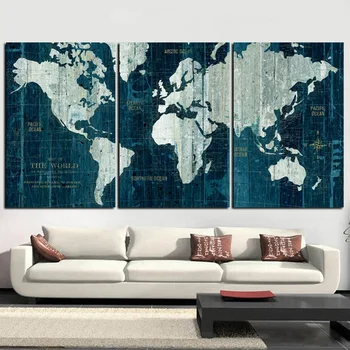 

3Panel Retro World Map Painting HD Print on Canvas Classic Pacifc Modular Wall Painting Sofa Cuadros Art Picture For Living Room