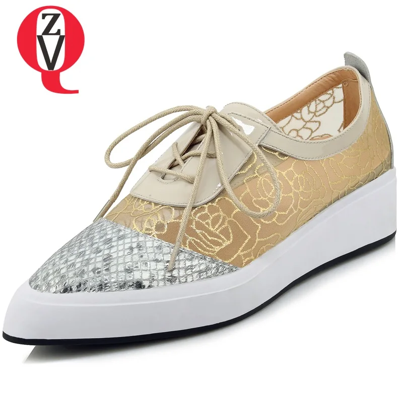 

ZVQ Brand Genuine Leather Lady's Flat Brogue Shoes floral print Spring girl Pointed Toe Lace-Up Women Loafers Bling sneakers