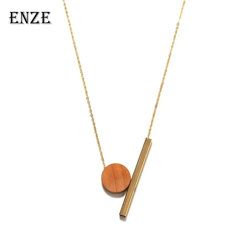

ENZE free shipping fashionable woman new jewelry Minimalist Lady necklace Geometric round wood combination pendant long necklace