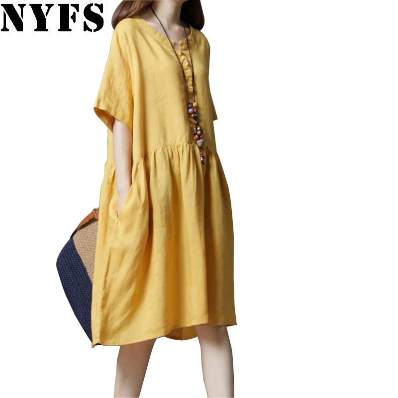 

NYFS 2019 New Summer dress Fashion Large size Cotton Linen Women long dress Vestidos Robe Elbise