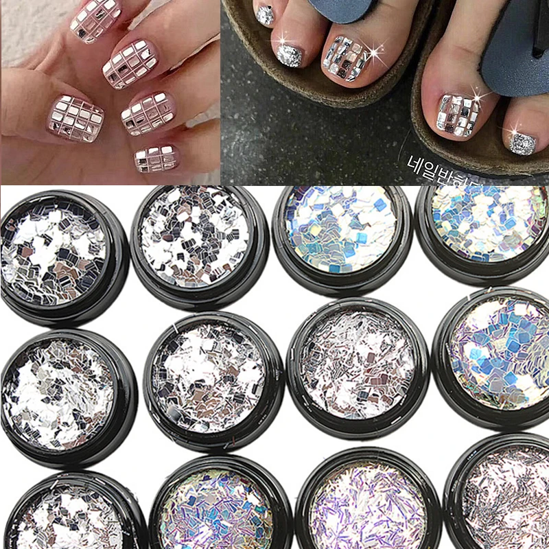 

1*AB Silver Nail Art Glitter Sequins Irregular Paillette Flakes 3D Mixed Strip/Square/Rectangle Polish Holo Nail Charm Glitter