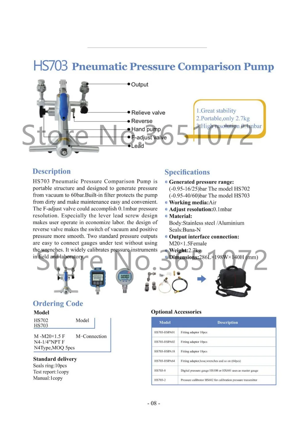 HS703 калибровочное оборудование манометра-0,95~ 60 бар пневматический насос давления