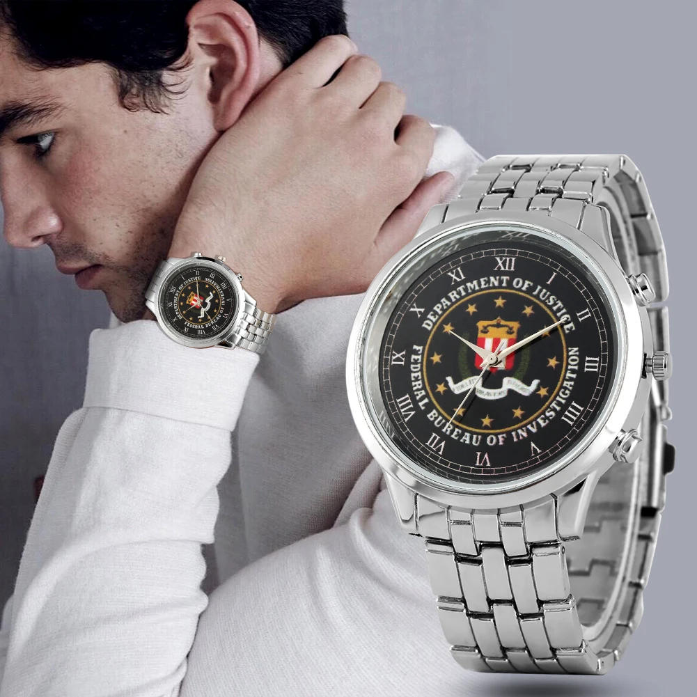 

Fashion United States Justice Department Logo Watch for Male Quartz Black Large Roman Numerals Dial Watches for Gentleman Gift