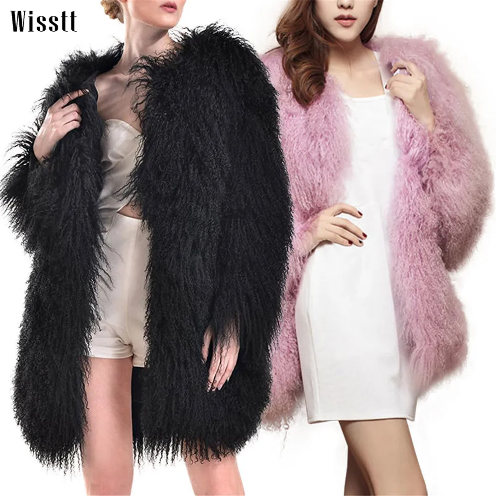 Wisstt Women Real Mongolia Sheep Fur Coat Winter Warm Genuine Lamb Fur Jacket Female Beach Wool Fur Outwear