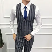 Модный мужской жилет комплект из двух предметов черный серый Тонкий удобный элегантный мужской полосатый костюм жилет и брюки