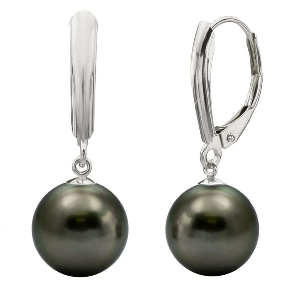 

hj 00318 14K White Gold 10-11mm Round Black Tahitian South Sea Pearl Lever-back Earrings