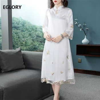 

Top Quality Brand Chinese Dress 2019 Spring Style Women Floral Embroidery 3/4 Sleeve Mid-Calf Length Vintage Dress 50s 60s XXL